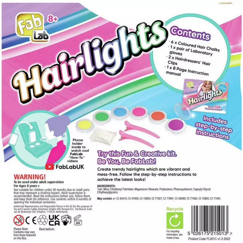 FabLab Hairlights Temporary Hair Chalks Kit for Kids - Vibrant Colour Streaks - Popular UK Hair Fashion Toy